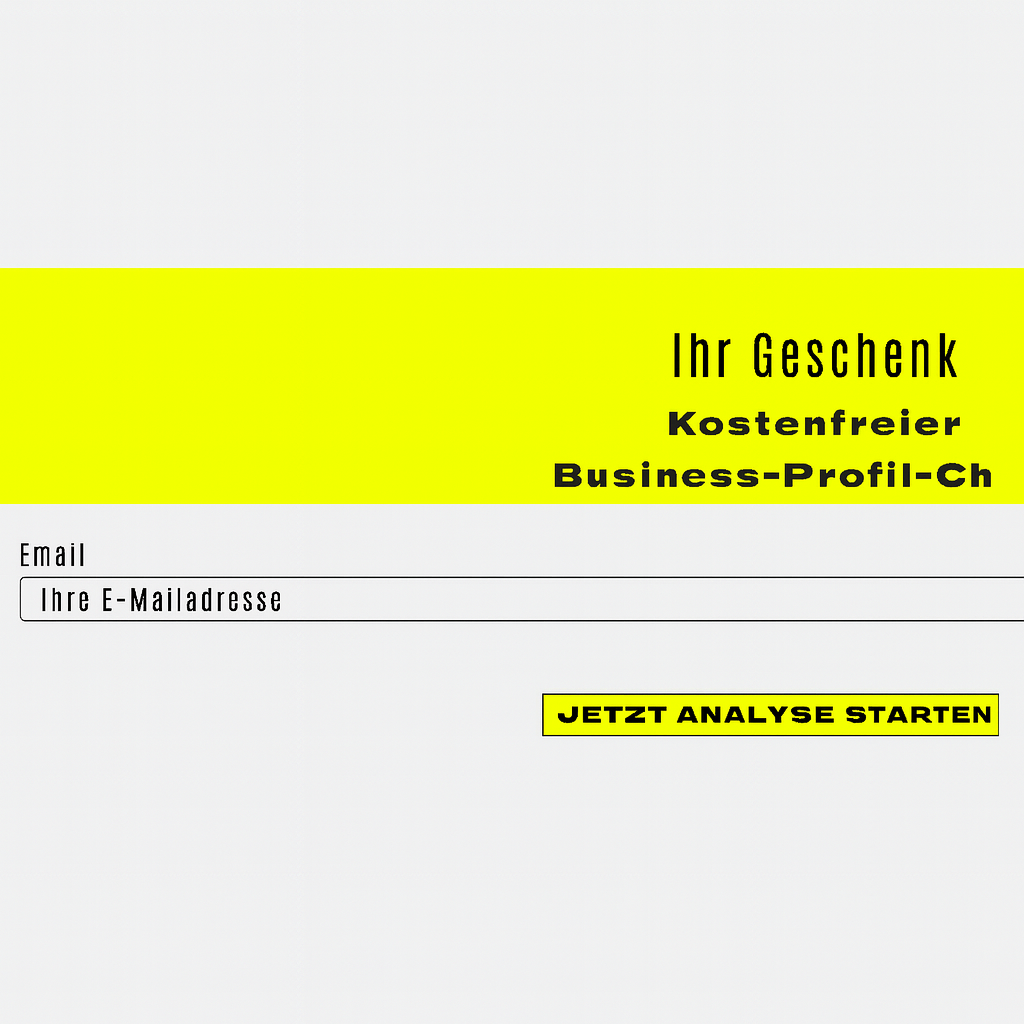 Grafik mit Eingabefeld für E-Mail zum kostenlosen 5-Minuten-Business-Profil-Check von AgenturTrick, gelb-schwarz designt, Fokus auf Social Media Sichtbarkeit.