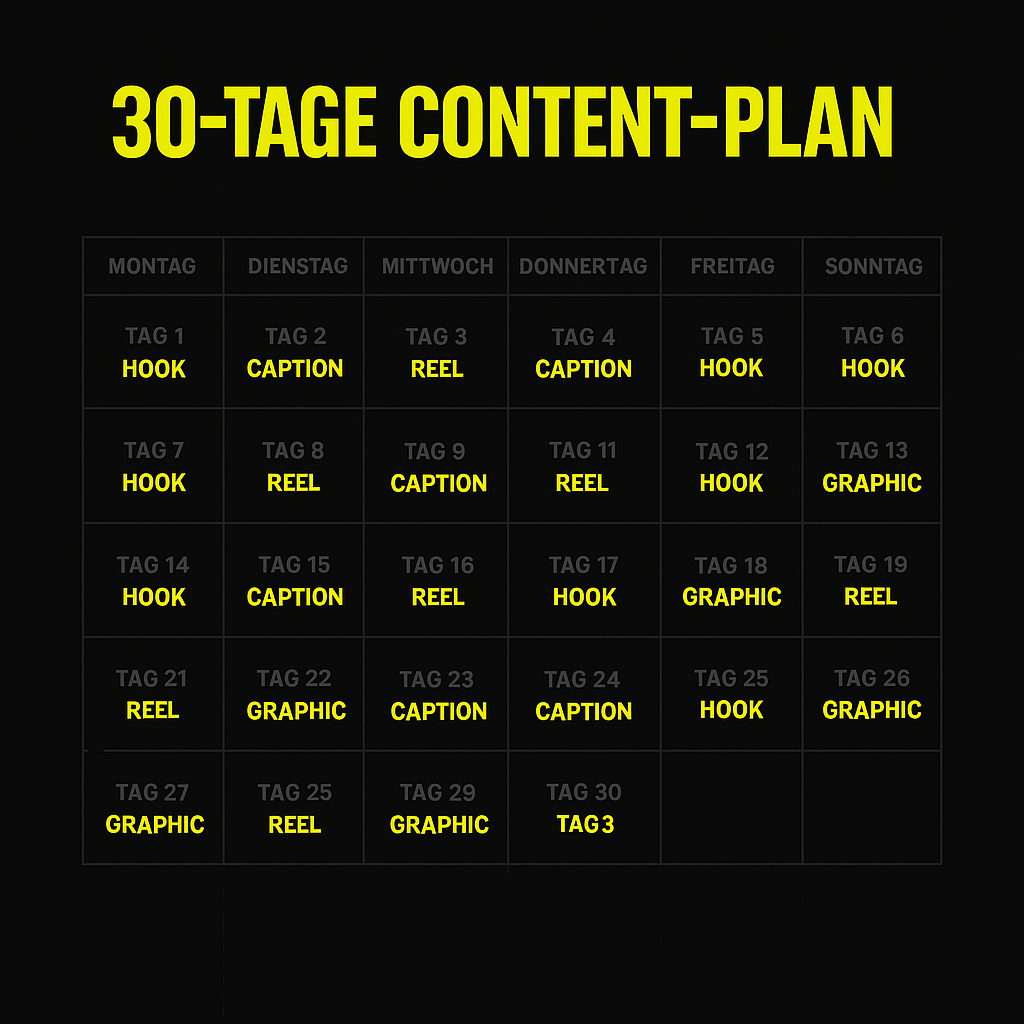 „30-Tage Content-Plan für Social Media von Agentur Trick – strukturierter Plan mit Hooks, Reels, Captions und Grafiken für tägliche Posts.“