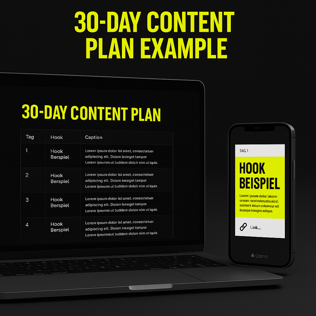 „30-Tage Content-Plan für Social Media von Agentur Trick – strukturierter Plan mit Hooks, Reels, Captions und Grafiken für tägliche Posts.“