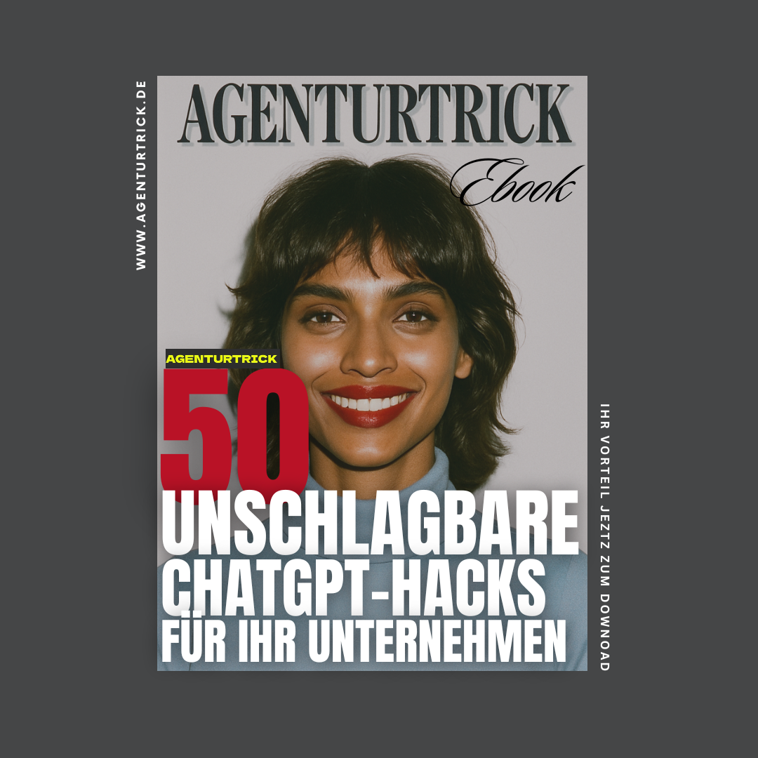 mockup ebook cover „Zeit sparen, Kosten senken, Prozesse automatisieren – mit 50 sofort umsetzbaren KI-Strategien von agenturtrick