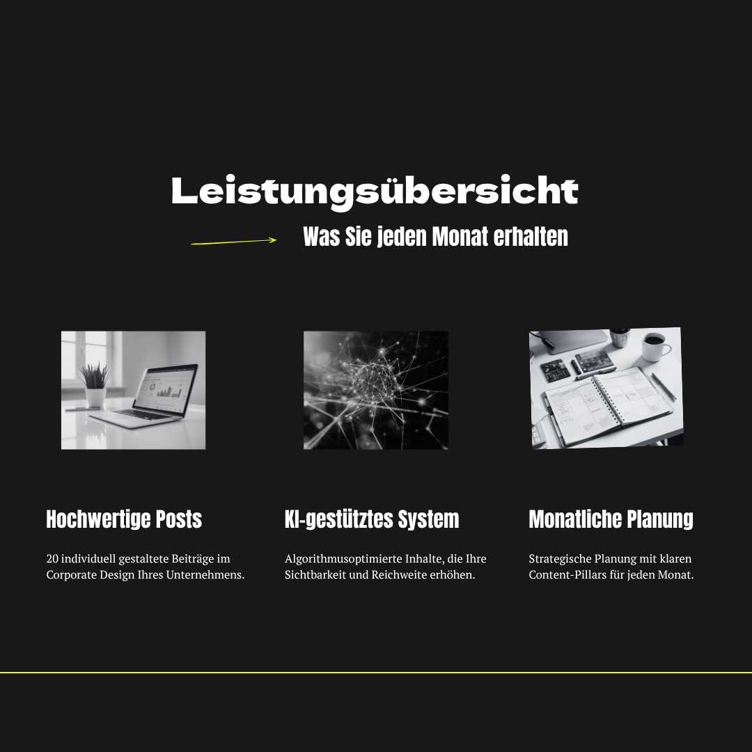 Leistungsübersichtsbild mit drei Beispieldarstellungen: Laptop, KI-Netzwerkgrafik und Planungsbuch, ergänzt durch die Vorteile Posts, KI-System und monatliche Planung.