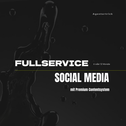Coverbild mit schwarzer fluid-Art-Textur und weißer Typografie „Fullservice Social Media – 6 oder 12 Monate“, gelbem Akzent und Agenturtrick Branding.