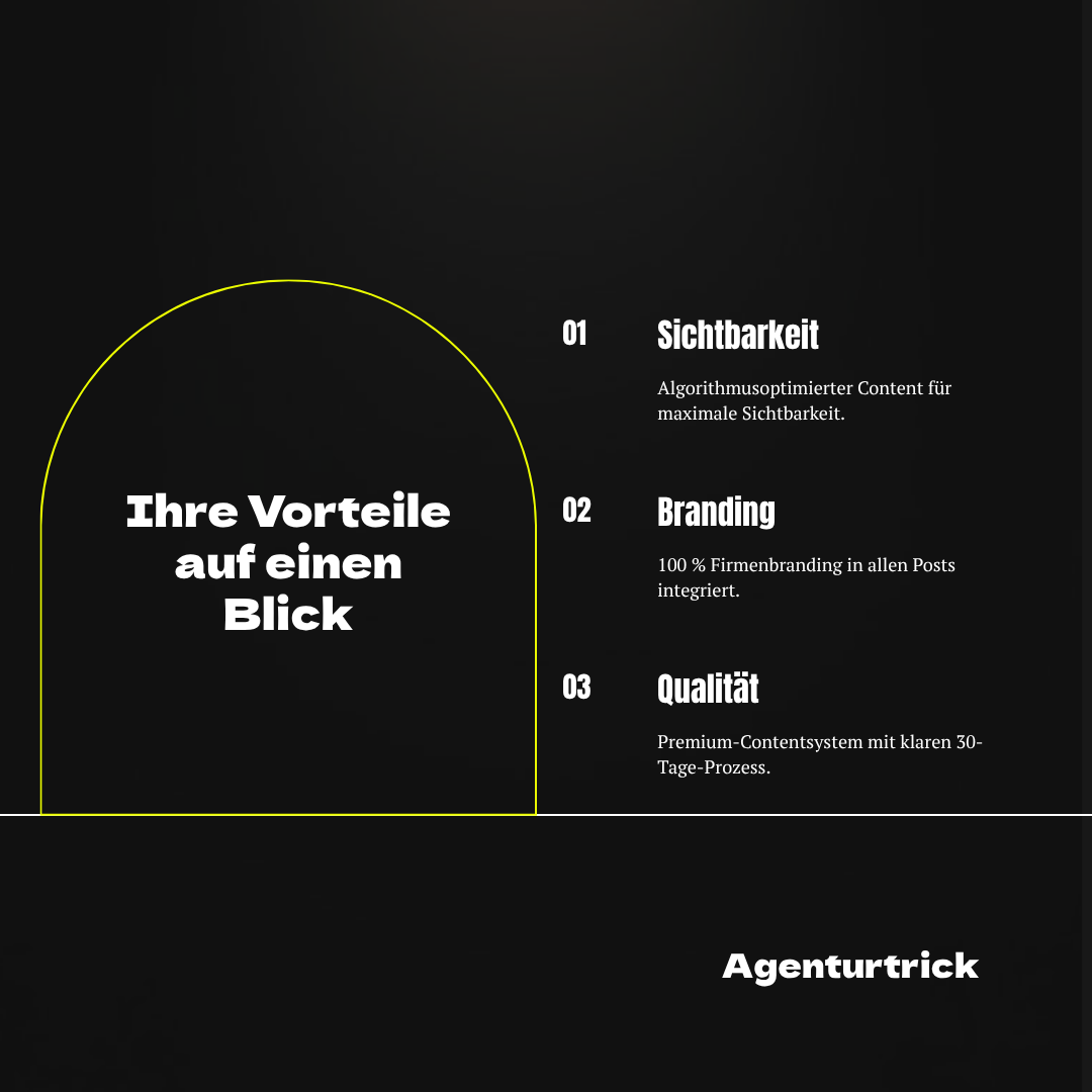 Bild mit drei Vorteilen: Sichtbarkeit, Branding und Qualität, eingerahmt von gelber Outline-Form und Agenturtrick-Branding.