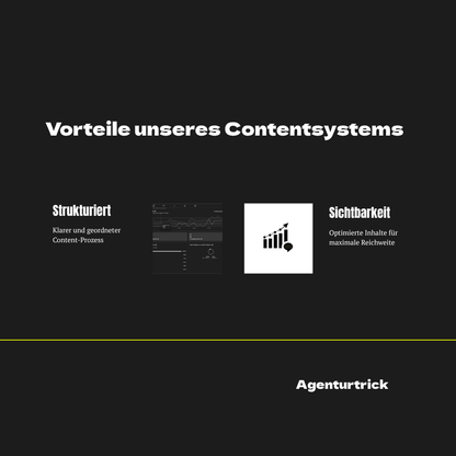 Vorteilsübersicht des Contentsystems mit zwei Benefit-Bereichen: Strukturierter Prozess und erhöhte Sichtbarkeit, im Agenturtrick-Design.
