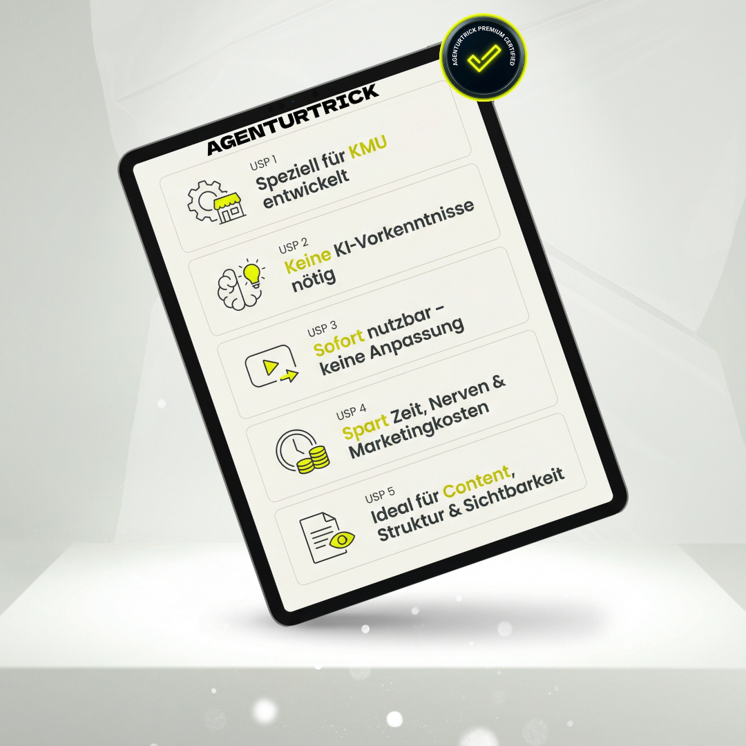 ipadbild , digitales produkt downlaod. agenturtrickKI Prompts für KMU
KI Prompts Unternehmen
ChatGPT Prompts Business